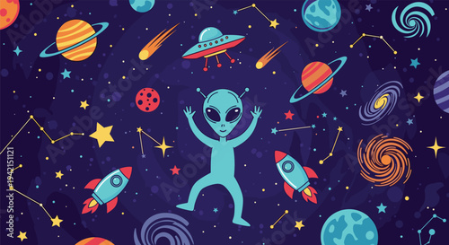 Friendly blue alien dancing in outer space surrounded by planets, stars, comets, space rockets, and distant galaxies.