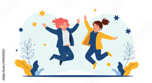 Two happy young girls jumping with joy and excitement against a decorative background with stars and plant elements.