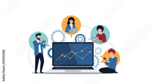 Team of remote workers collaborating on a project using digital devices and a laptop displaying financial growth charts.
