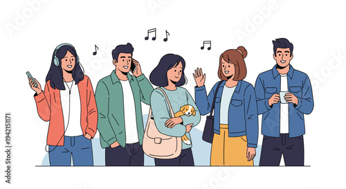 Diverse group of young friends with headphones, a dog, and mobile phones representing modern lifestyle and social hobbies.
