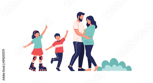 Happy pregnant woman walking with her husband and children on roller skates to show family support and active lifestyle.