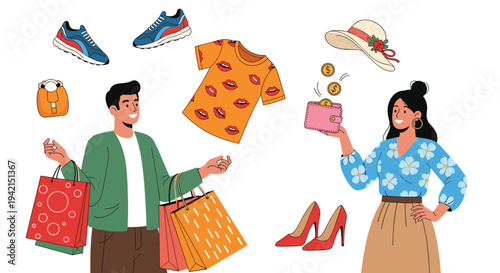 Young couple enjoying a shopping spree with various fashion icons like shoes, shirts, and bags floating around them.