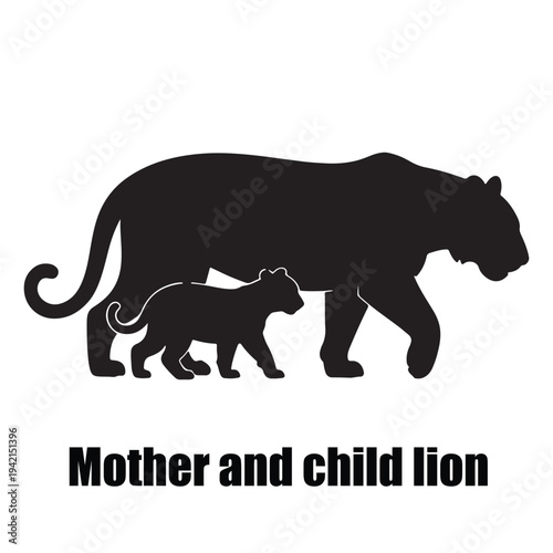Black silhouette of a mother big cat and her cub walking together on a white background.