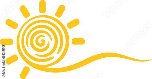 Vibrant minimalist sun graphic with a dynamic spiral center and graceful wave tail, symbolizing warmth, energy, and summer joy for diverse creative design
