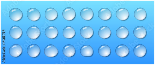 リアルな水滴のベクターアイコンセット　透明感のある液体ドロップコレクション　青背景