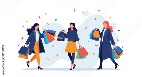 Group of stylish women walking with colorful shopping bags while celebrating with confetti after a successful sale.