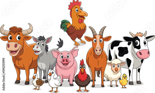 A delightful cartoon illustration of a diverse group of friendly farm animals. Features a happy cow, pig, donkey, rooster, goat, sheep, and poultry, all smiling cheerfully