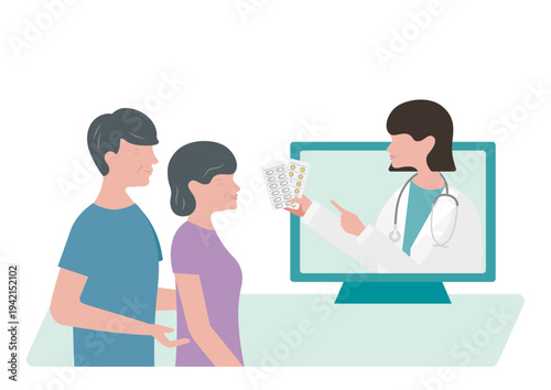 高齢夫婦にオンライン診療で薬の説明をする女医のベクターイラスト素材（左向き）