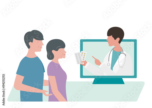 高齢夫婦にオンライン診療で薬の説明をする医師のベクターイラスト素材（左向き）