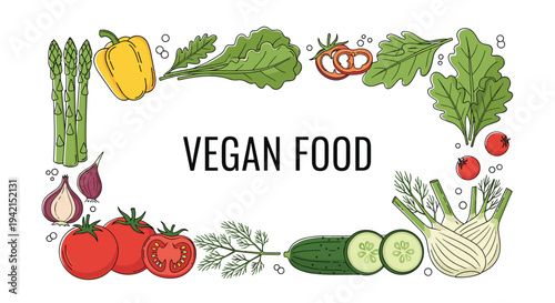 Healthy vegan food frame made of fresh vegetables like tomatoes, peppers, and cucumbers with text in the center.