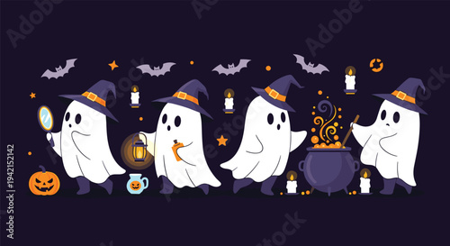 Line of adorable ghosts wearing witch hats and carrying Halloween accessories like lanterns and mirrors on a dark night.