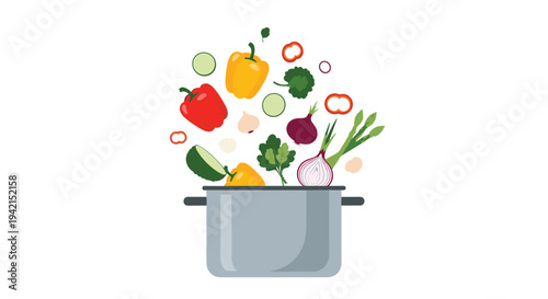 Variety of fresh organic vegetables falling into a large stainless steel cooking pot to prepare a healthy homemade meal.