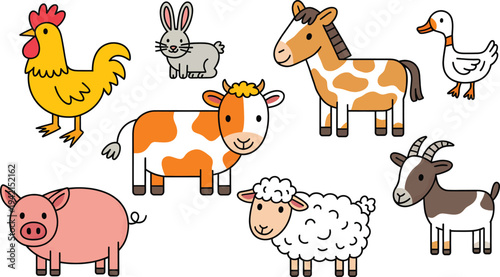 A delightful collection of cute cartoon farm animals, hand-drawn in a friendly outline style, perfect for children's educational content