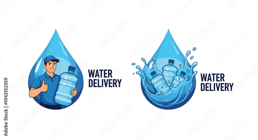 Obraz premium Set of two professional water delivery service logos featuring a friendly courier and refreshing splashes with large plastic bottles.