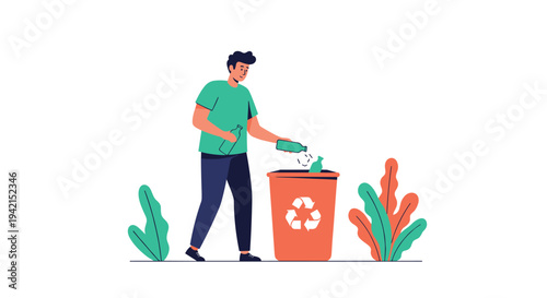 Responsible young man disposing of a plastic water bottle into a red recycling bin to promote environmental sustainability and earth care.