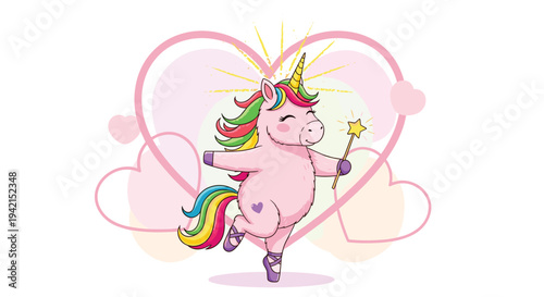 Magical pink unicorn wearing purple ballet shoes and holding a star wand in front of a colorful heart shaped background frame for children.
