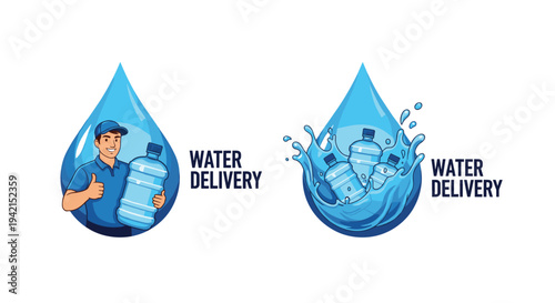 Set of two professional water delivery service logos featuring a friendly courier and refreshing splashes with large plastic bottles.