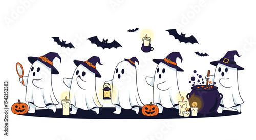Collection of cute cartoon ghosts wearing purple witch hats and participating in various fun activities for a spooky Halloween celebration.