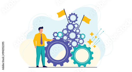 Ambitious businessman standing beside a complex mechanism of blue and green gears with yellow flags signifying reaching professional goals.