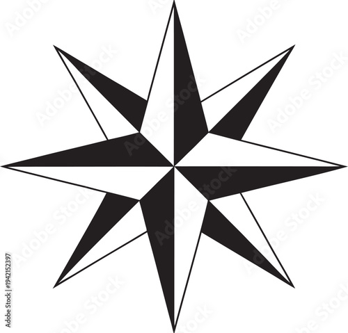 Stylized eightpointed star symbol with alternating black and white sections representing a compass rose