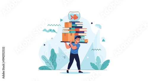 Hardworking delivery man carrying a massive stack of boxes, books, and a goldfish bowl while walking with great effort through a blue space.