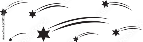 Collection of black shooting stars with trails isolated on transparent background for graphic design