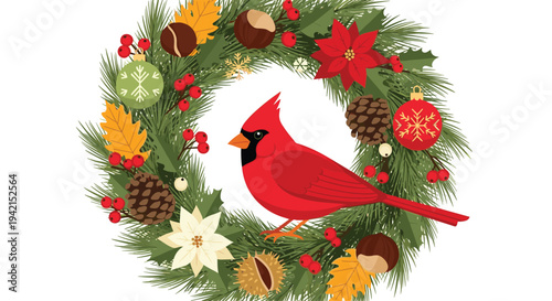 Festive Christmas wreath made of evergreen branches decorated with a bright red cardinal bird, white poinsettias, and brown pine cones.