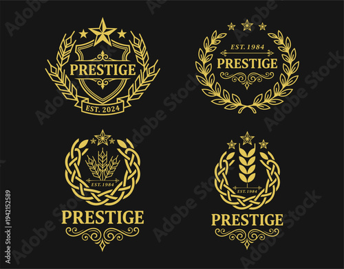 Vintage Gold Crest Collection Featuring 4 Elegant Emblems with Stars and Flourish Ornaments for Traditional Bakery or Law Firm Identity