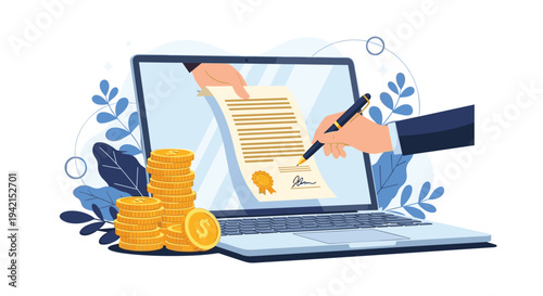 Two hands signing a legal contract on a laptop screen next to stacks of gold coins representing a successful digital business deal.