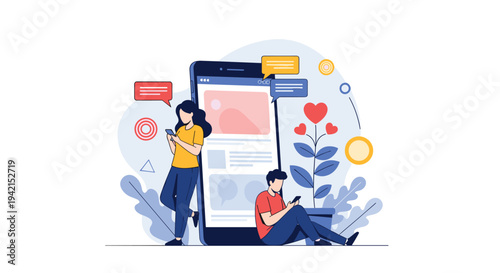 Young man and woman leaning against a giant smartphone while using their mobile devices for social networking and digital messaging.