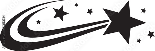 Abstract black shooting star icon with trailing lines and smaller stars against a clean white background