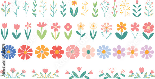 A charming collection of hand-drawn stylized floral vector elements, showcasing a vibrant assortment of spring blossoms and botanical doodles for various design projects