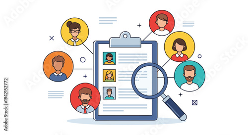 Human resources recruitment concept showing clipboard with candidate profiles being analyzed through magnifying glass for hiring.