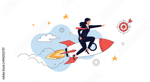 Ambitious businesswoman flying on rocket towards target representing success and rapid growth in her corporate career path.