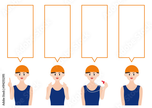 オレンジ帽子の水泳コーチ・選手たちの吹き出しベクターイラスト素材セット（縦文字）