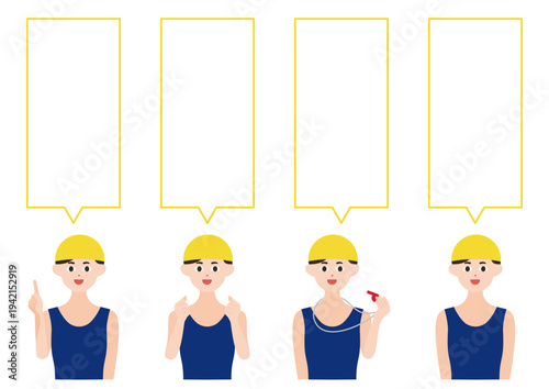 黄色帽子の水泳コーチ・選手たちの吹き出しベクターイラスト素材セット（縦文字）