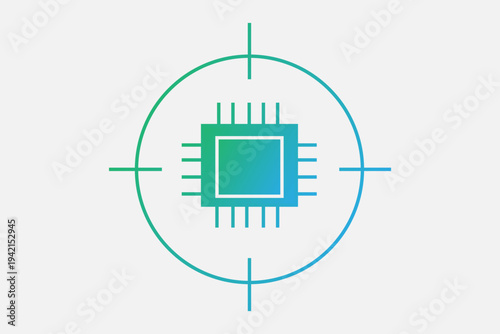 The image features a microchip icon placed within a crosshair or target, symbolizing precision engineering and the physical "heart" of computing power.