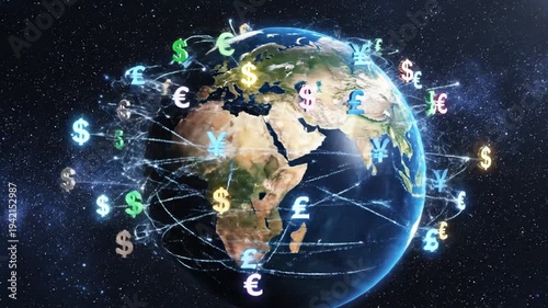 Global currency exchange networks glowing on Earth in outer space