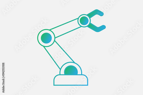 The image depicts a robotic arm icon, representing automation, industrial robotics, and mechanical precision