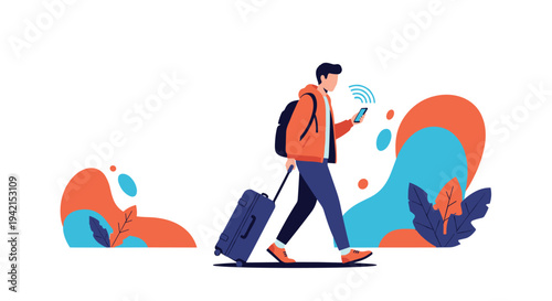 Young male traveler walking with suitcase and checking smartphone with wireless connection signal for navigation or flight tickets.