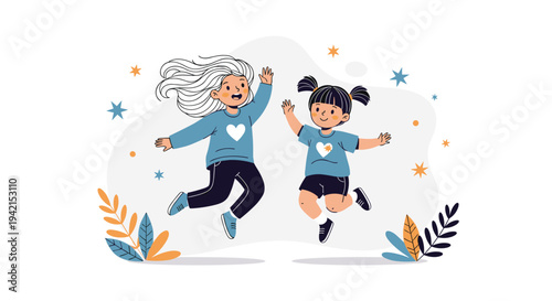 Two happy young girls jumping with joy against abstract background with stars representing friendship and playful energy outdoors.