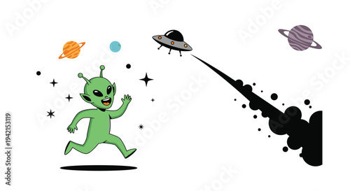 Funny green alien running in outer space with UFO and planets in background depicting extraterrestrial life exploration and travel.