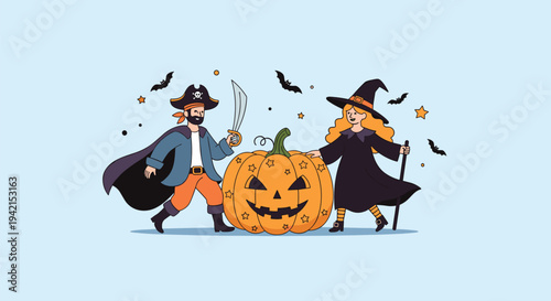 Children dressed in pirate and witch costumes standing next to large carved pumpkin lantern for spooky halloween celebration party.