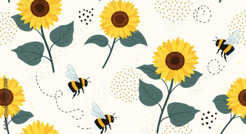 Seamless background pattern with bright yellow sunflowers and busy bumblebees on cream backdrop for nature themed fabric designs.