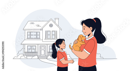 Mother and daughter holding small puppy outside their two-story house representing family love and new pet ownership in the garden.