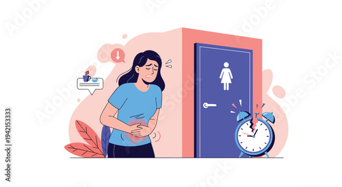 Young woman suffering from severe abdominal pain or digestive issues waits anxiously near a restroom door with a ticking clock nearby.