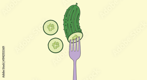 Fresh green cucumber slice and whole piece are held by a purple fork against a plain yellow background for a healthy food concept.