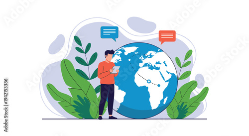 Professional man uses a digital tablet for global communication and networking while standing next to a large earth globe icon.