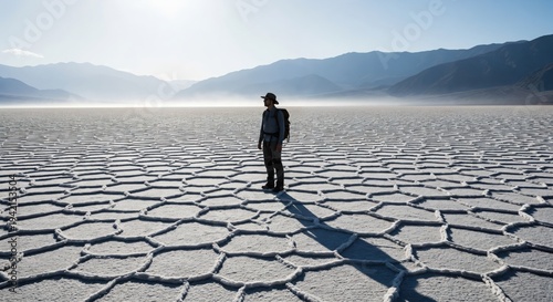 A middle aged Caucasian male hiker with a backpack standing on the vast salt flats of Badwater Basin in Death Valley National Park during a bright sunny day