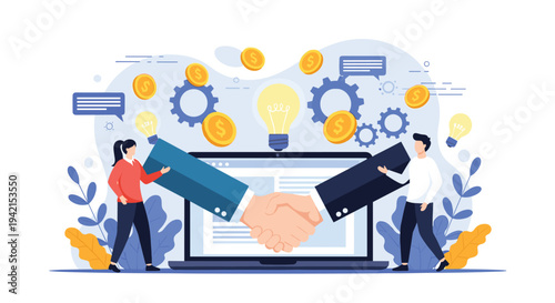 Corporate partnership and successful agreement are represented by a virtual handshake on a laptop screen with money and lightbulbs.